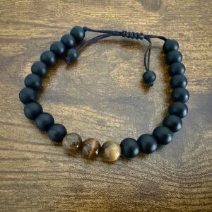 Men’s Black Matte Onyx Tiger Eye Beaded Bracelet 8mm Round Beads Adjustable Cord